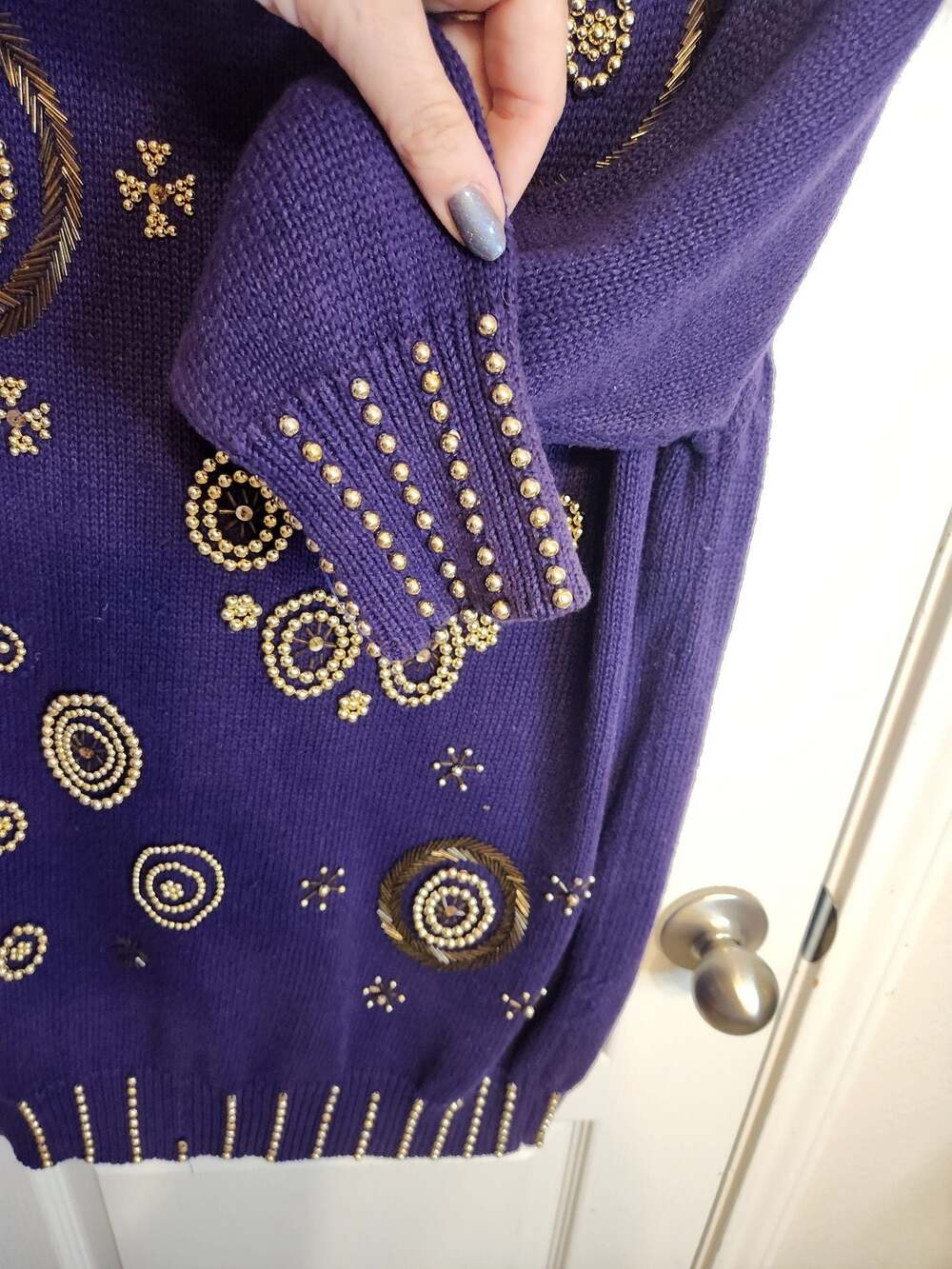 90s Y2K Vintage Purple Beaded Cowl Neck Tunic Sweater - Picture 9 of 14